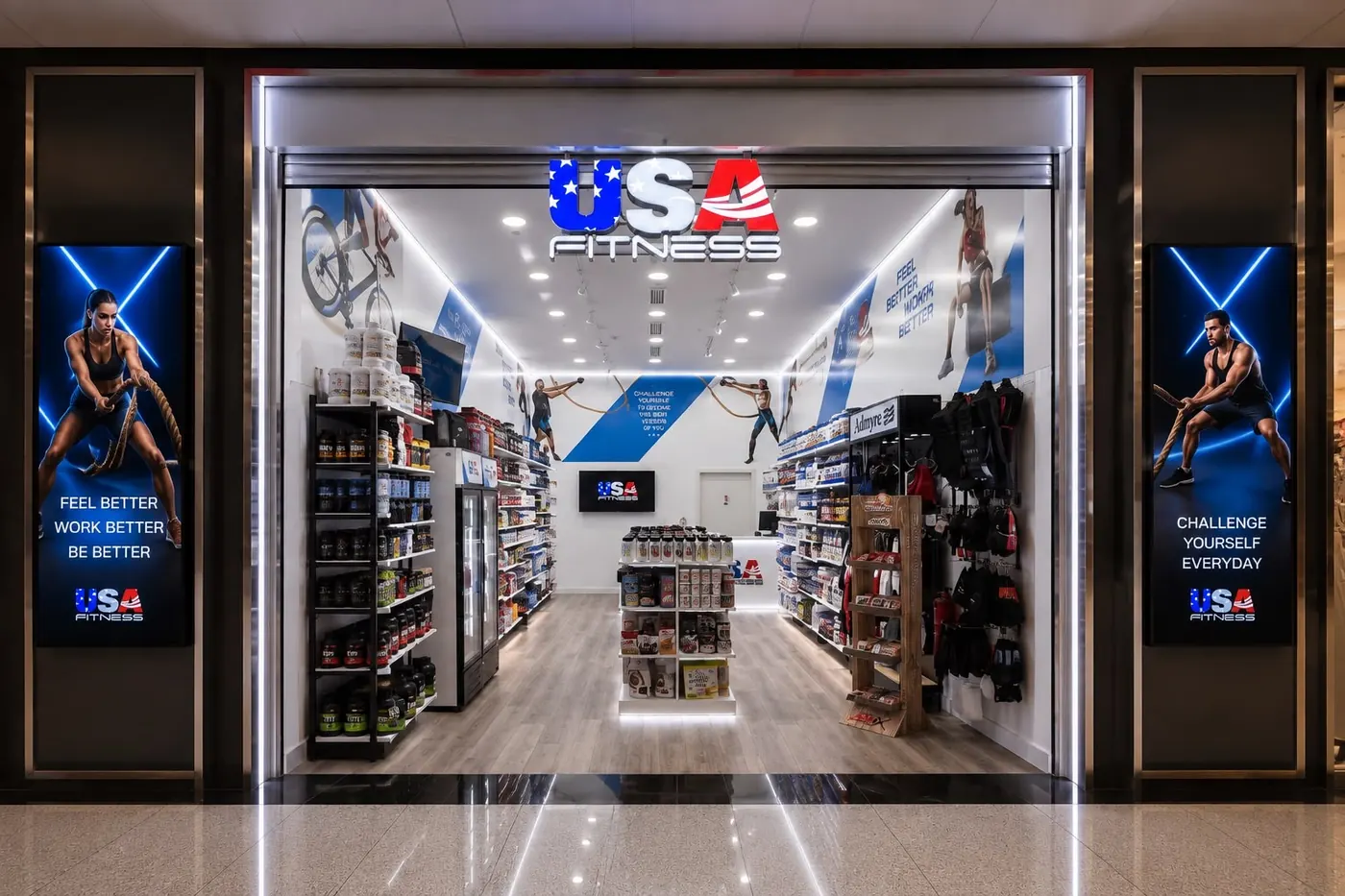 Escaparate de la tienda USA Fitness en el Centro Comercial Nevada Shopping, Armilla (Granada)