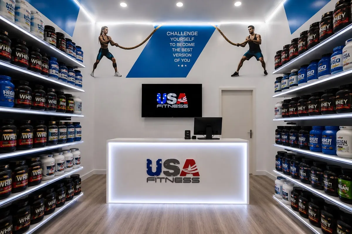 Mostrador de USA Fitness con el mural Challenge yourself y las estanterías de proteínas