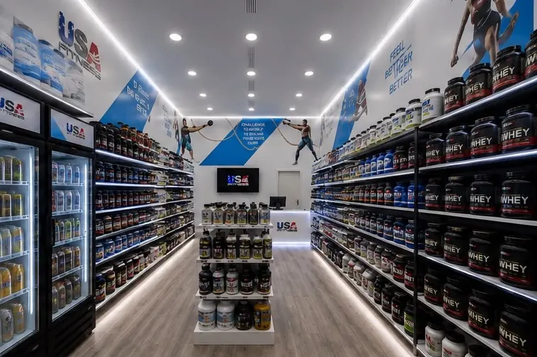 Pasillo central de USA Fitness con expositor de suplementos y nevera de bebidas